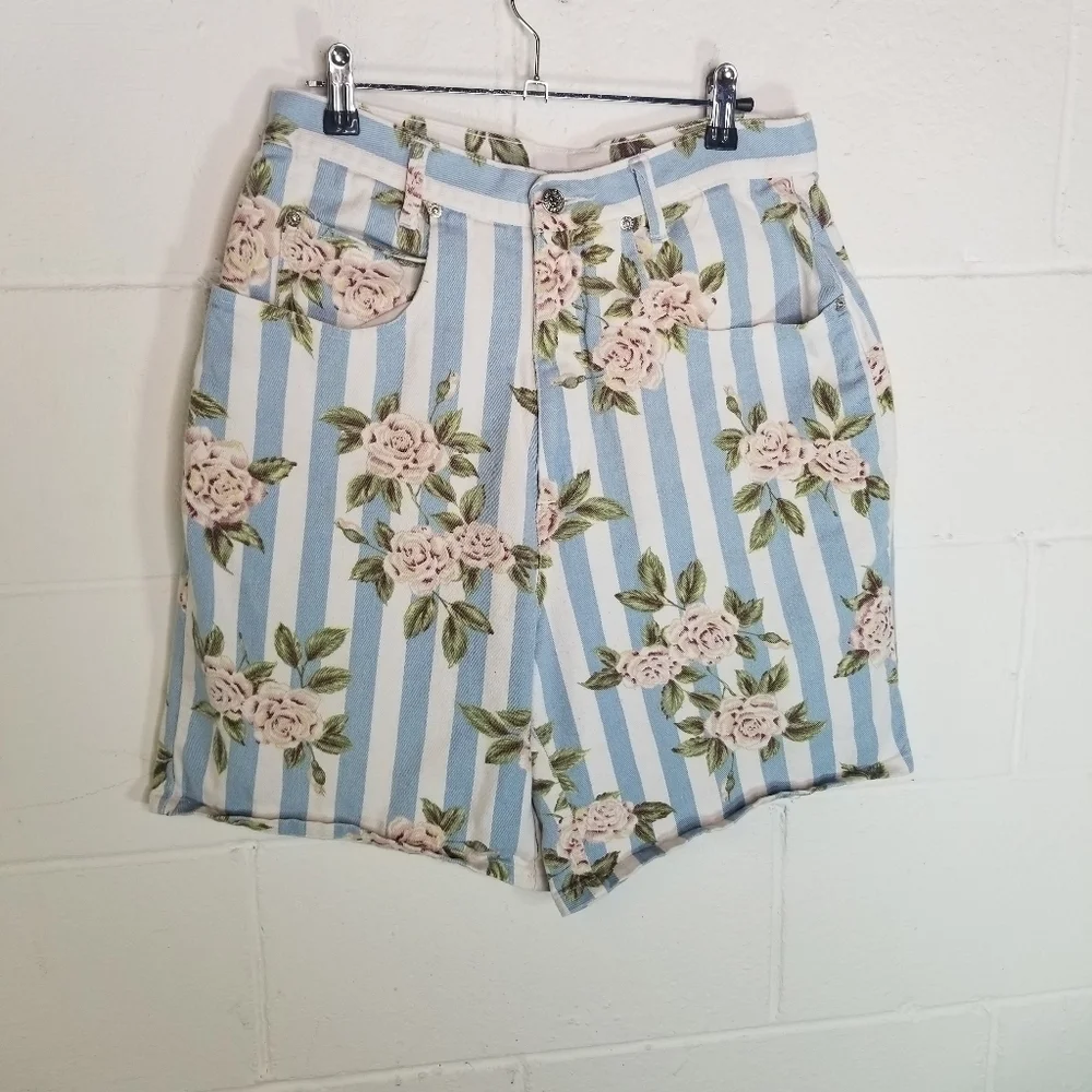 Vtg 80s 90s striped rose print bermuda long denim shorts Cottagecore